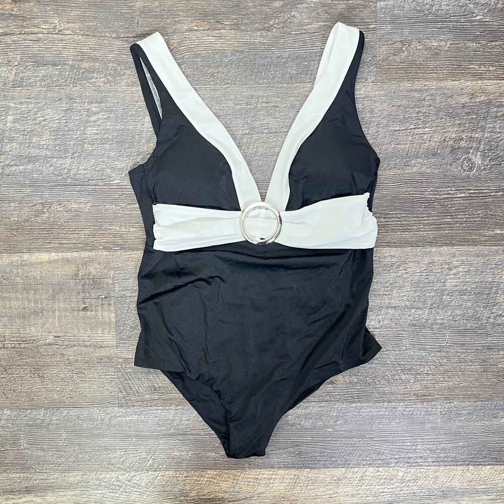 NWT Calzedonia black with white trim V-neck one piece swimsuit size XL  B161